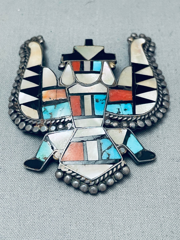 One Of The Highest Quality Vintage Native American Zuni Inlay Sterling Silver Pin Turquoise-Nativo Arts