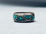 Very Old Vintage Native American Navajo Turquoise Inlay Sterling Silver Ring Sz 7-Nativo Arts