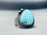 Detailed Vintage Native American Navajo Leaf Sleeping Beauty Turquoise Sterling Silver Ring