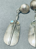 Amazing Vintage Native American Navajo Sleeping Beauty Turquoise Silver Feather Earrings-Nativo Arts