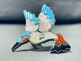 Marvelous Native American Zuni Signed Blue Gem Coral Inlay Silver Hummingbird Huge Ring-Nativo Arts
