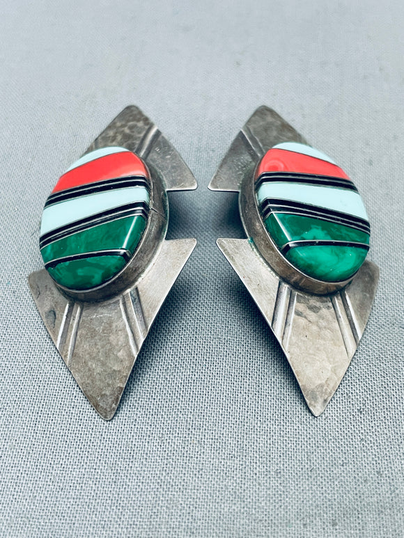 The Best Vintage Native American Navajo Malachite Inlay Sterling Silver Earrings-Nativo Arts