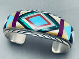 6.5 Inch Wrist Vintage Apache Turquoise Inlay Sterling Silver Bracelet Cuff-Nativo Arts