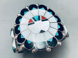 Heavy Huge Vintage Native American Zuni Inlay Sterling Silver Sun Bracelet-Nativo Arts