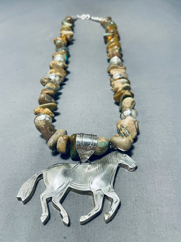 Magnificent Native American Navajo Royston Turquoise Sterling Silver Horse Necklace-Nativo Arts