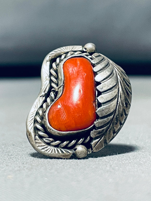 Super Duper Chunky Coral Vintage Native American Navajo Leaf Sterling Silver Ring Old-Nativo Arts