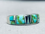 Size 13.5 Rare Vintage Native American Navajo Green Turquoise Inlay Sterling Silver Ring-Nativo Arts
