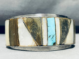 7 Inch Wrist Rare Vintage Native American Navajo Turquoise Inlay Sterling Silver Bracelet-Nativo Arts