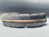 Hand Stamped Intricate Feather Vintage Native American Navajo Sterling Silver Bracelet-Nativo Arts