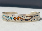 Hypnotic Vintage Native American Navajo Turquoise Coral Chip Inlay Snakes Silver Bracelet-Nativo Arts