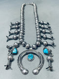 Design On Beads Vintage Native American Navajo Turquoise Sterling Silver Squash Blossom Necklace