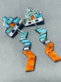 Native American Colorful Santo Domingo Signed Inlay Turquoise Spiny Jet Kachina Earrings-Nativo Arts
