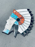 One Of Most Detailed Vintage Navajo Turquoise Inlay Sterling Silver Chief Pin
