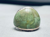 One Of The Best Vintage Native American Navajo Green Turquoise Inlay Sterling Silver Ring-Nativo Arts
