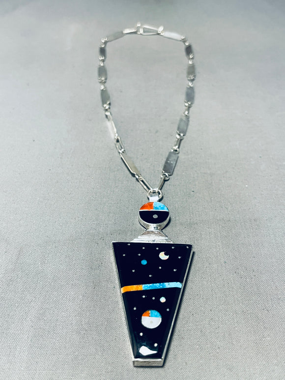 Noteworthy Native American Navajo Jet Sterling Silver Cosmic Kachina Necklace-Nativo Arts