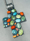 131 Grams Vintage Native American Navajo Turquoise Sterling Silver Cross Necklace-Nativo Arts