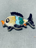 Colorful Fish Vintage Native American Zuni Turquoise Inlay Sterling Silver Pin Pendant-Nativo Arts