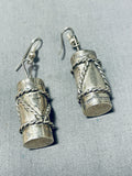 Noteworthy Native American Navajo Handcarved Sterling Silver Drums Earrings-Nativo Arts