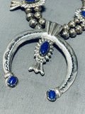 Gorgy!! Vintage Native American Navajo Lapis Sterling Silver Squash Blossom Necklace-Nativo Arts