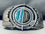 Rotating Center!! Vintage Native American Navajo Turquoise Sterling Silver Flank Bracelet Old-Nativo Arts