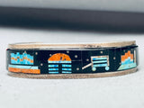 6.5 Inch Wrist Vintage Native American Navajo Hogan Inlay Sterling Silver Turquoise Bracelet-Nativo Arts
