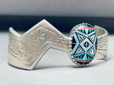 One Of The Most Intricate Vintage Native American Kewa Turquoise Inlay Sterling Silver Bracelet-Nativo Arts