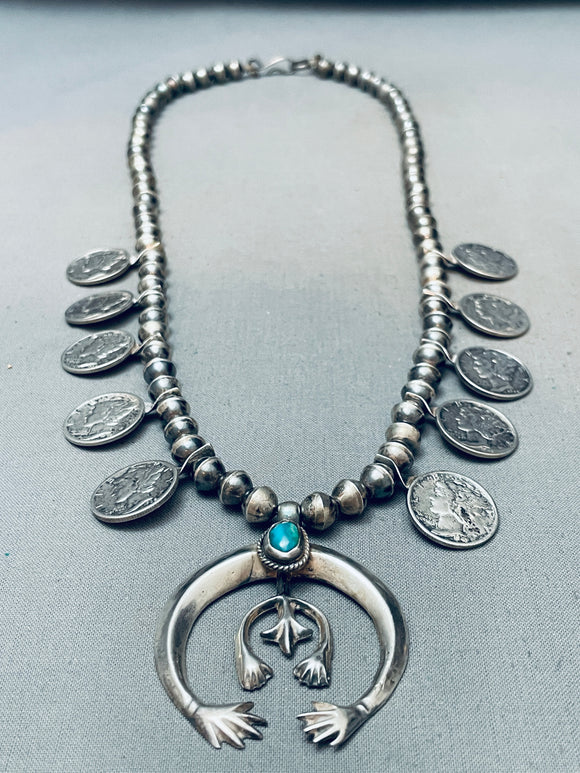 Open Arms Vintage Native American Navajo Turquoise Sterling Silver Squash Blossom Necklace-Nativo Arts