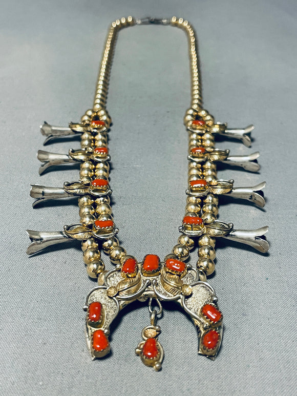 Fav Vintage Native American Navajo Gold Sterling Silver Coral Squash Blossom Necklace-Nativo Arts