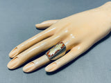 Special Vintage Native American Navajo Coral Mother Of Pearl Inlay Sterling Silver Ring-Nativo Arts