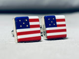 Vibrant Native American Navajo Signed Inlay Coral Lapis Shell Inlay Flag Silver Cuff Links-Nativo Arts