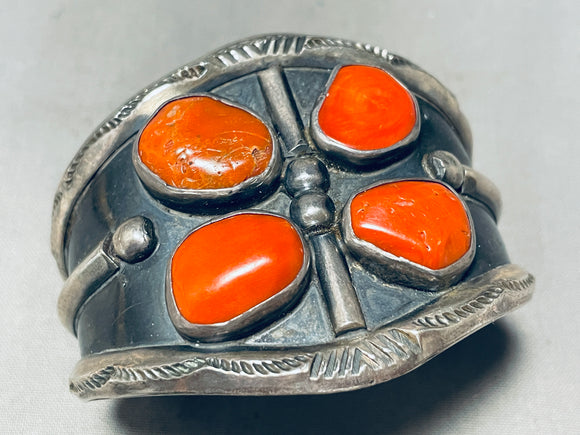 One Of The Chunkiest Coral Ever Vintage Native American Navajo Sterling Silver Bracelet-Nativo Arts