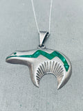Fabulous Vintage Native American Navajo Inlay Malachite Bear Sterling Silver Necklace-Nativo Arts