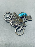 Rare Native American Hopi Turquoise Sterling Silver Kokopelli Motorcycle Pin-Nativo Arts