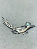 Whimsical Vintage Native American Navajo Blue Gem Turquoise Sterling Silver Road Runner Pin-Nativo Arts