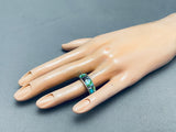 Size 13.5 Rare Vintage Native American Navajo Green Turquoise Inlay Sterling Silver Ring-Nativo Arts
