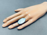 Native American Superior Vintage Zuni Blue Gem Turquoise Inlay Sterling Silver Large Ring-Nativo Arts