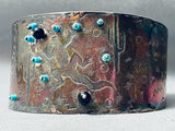 Wide Hand Tooled Vintage Southwest Sterling Silver Turquoise Bracelet-Nativo Arts