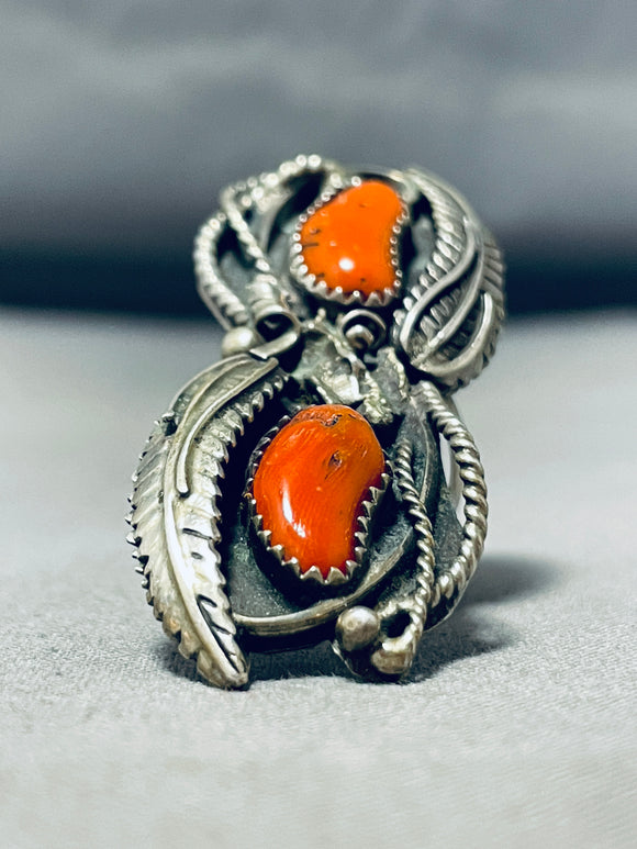 Ornate Vintage Native American Navajo Coral Sterling Silver Ring-Nativo Arts