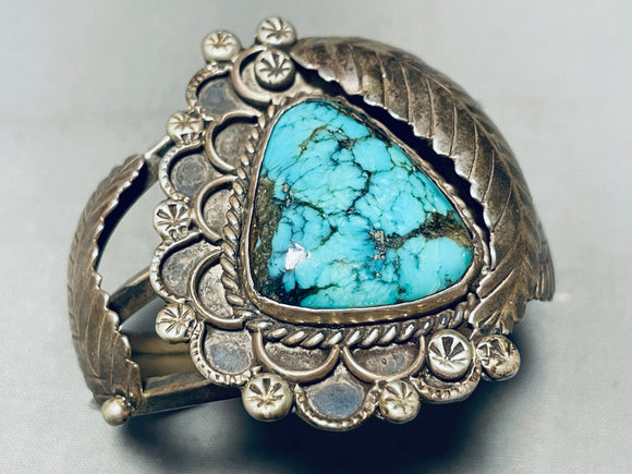 Quality Vintage Native American Navajo Blue Diamond Turquoise Sterling Silver Leaf Bracelet-Nativo Arts