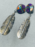 So Detailed Vintage Native American Zuni Turquoise Sterling Silver Inlay Earrings-Nativo Arts