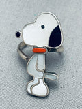 Huge Snoopy Vintage Native American Zuni Pearl Inlay Sterling Silver Ring-Nativo Arts