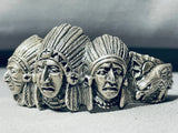 One Of The Most Unique Vintage Chief Head Sterling Silver Row Bracelet-Nativo Arts