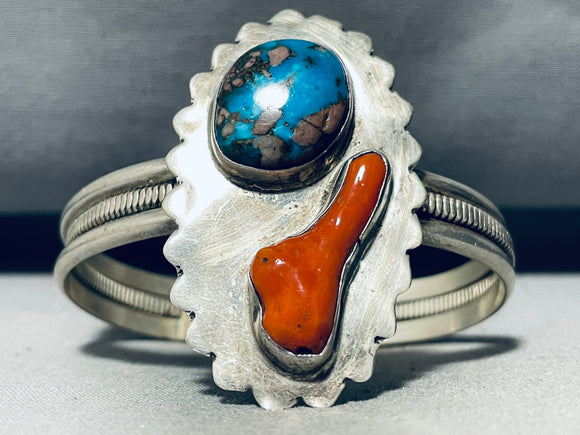 Morenci And Coral Chunk Vintage Native American Navajo Sterling Silver Bracelet-Nativo Arts