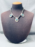 Teardrop Kingman Turquoise Vintage Native American Navajo Sterling Silver Shadowbox Necklace