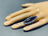 Elegant Vintage Native American Navajo Signed Black Onyx Sterling Silver Large Ring-Nativo Arts
