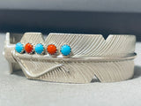 One Of The Most Detailed Native American Navajo Feather Turquoise Sterling Silver Bracelet-Nativo Arts