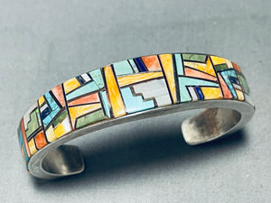 One Of The Most Intricate Vintage Native American Navajo Inlay Sterling Silver Bracelet-Nativo Arts