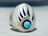 Signed Vintage Native American Navajo Sleeping Beauty Turquoise Sterling Silver Bear Track Ring-Nativo Arts