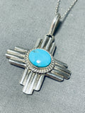 Robert Yellowhorse Native American Navajo Blue Gem Turquoise Sterling Silver Zia Necklace-Nativo Arts