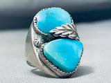 HEAVY TALL VINTAGE NAVAJO TURQUOISE STERLING SILVER LEAF RING